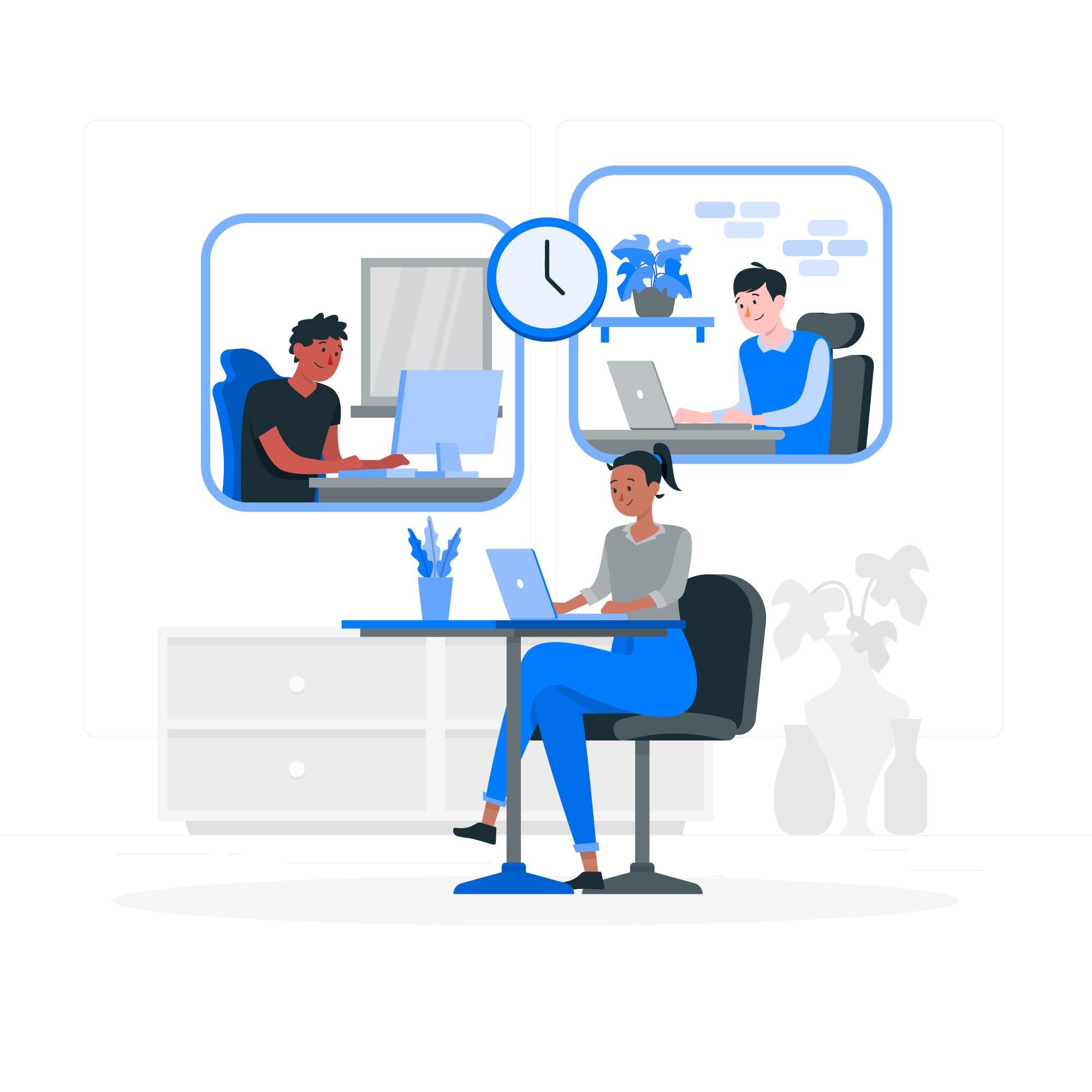 Dibujo de un entorno de oficina virtual donde trabajan diferentes compañeros en remoto, conectándose desde multidispositivos.